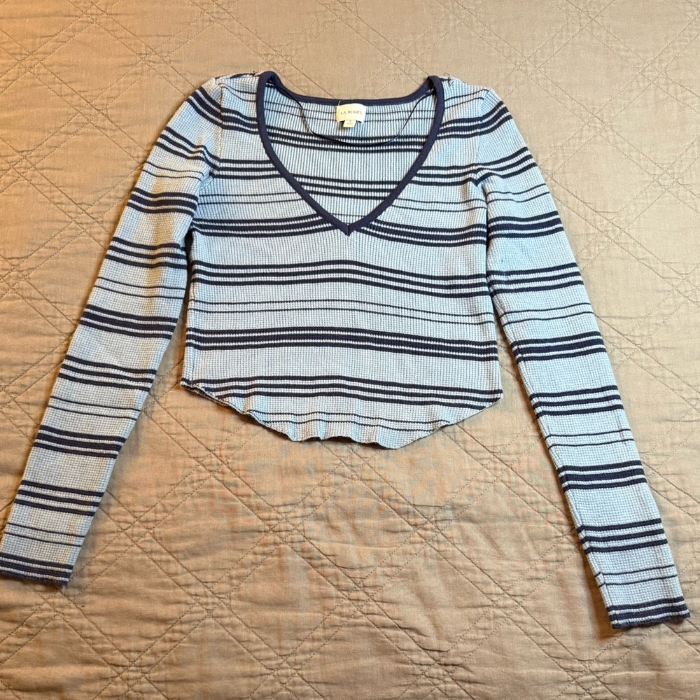 L.A. Hearts Blue Striped V-Neck Long Sleeve Top Size Large Y2K